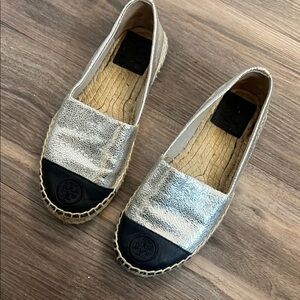 Tory Burch Metallic Silver and Black Espadrilles